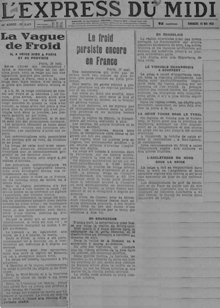 Image d'illustration pour Neige et froid exceptionnels à la mi-mai 1935, y compris à Paris